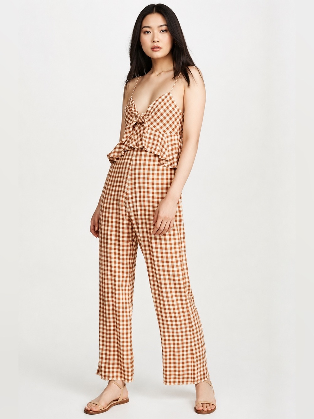 Saylor x Anthropologie Laken Gingham Ruffle Jumpsuit Apricot White Small - Picture 2 of 13